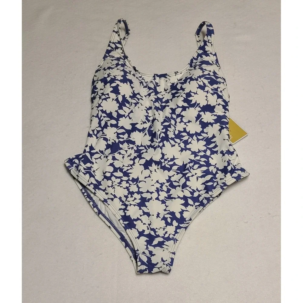 Michael Kors Women's Floral One Piece Swimsuit Blue White Lace Up Back Size 10